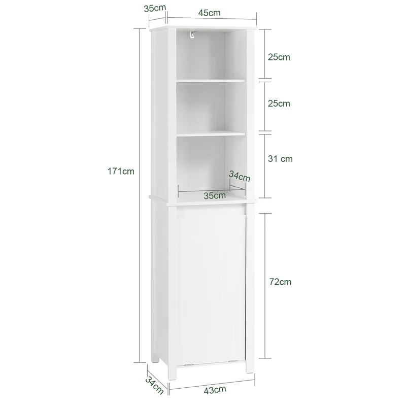 SoBuy BZR102-W Armario Alto de baño con 3 estantes y 1 cesto