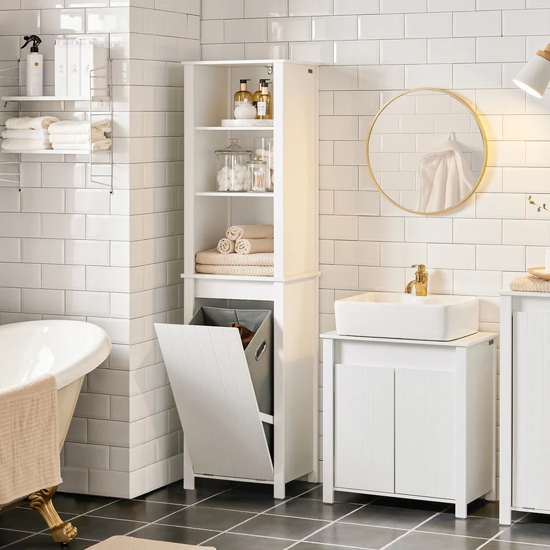 SoBuy BZR102-W Armario Alto de baño con 3 estantes y 1 cesto