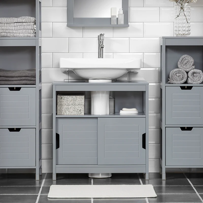 SoBuy FRG128-II-SG Mueble para Debajo del Lavabo 1 Estante y 2 Puertas Correderas