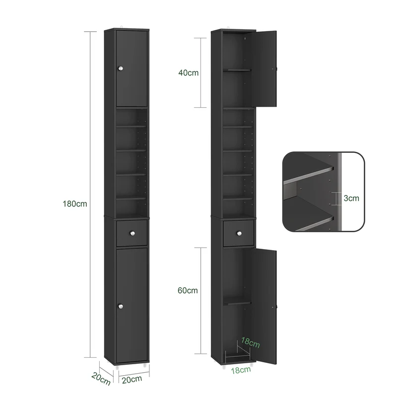 SoBuy BZR34-II-SCH Mueble Columna de Baño con 2 Puertas y 1 cajón Negro