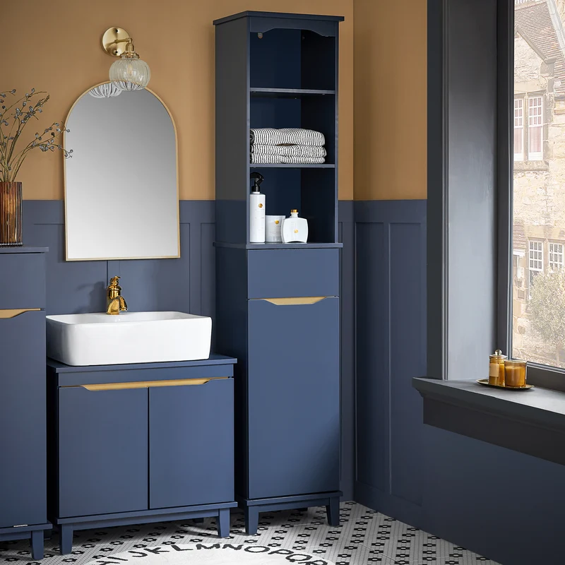 SoBuy BZR112-B Armario Alto para Baño con 3 Estantes 1 Puerta y 1 Cajón Azul