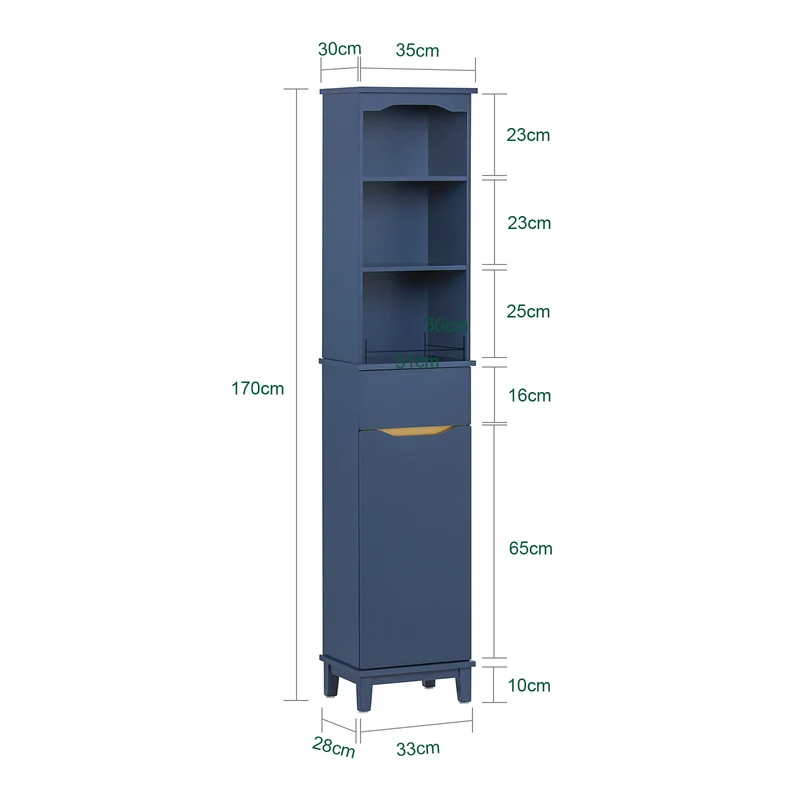 SoBuy BZR112-B Armario Alto para Baño con 3 Estantes 1 Puerta y 1 Cajón Azul