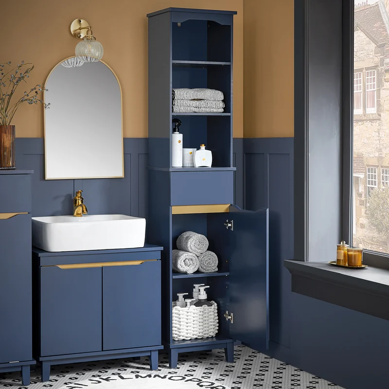 SoBuy BZR112-B Armario Alto para Baño con 3 Estantes 1 Puerta y 1 Cajón Azul