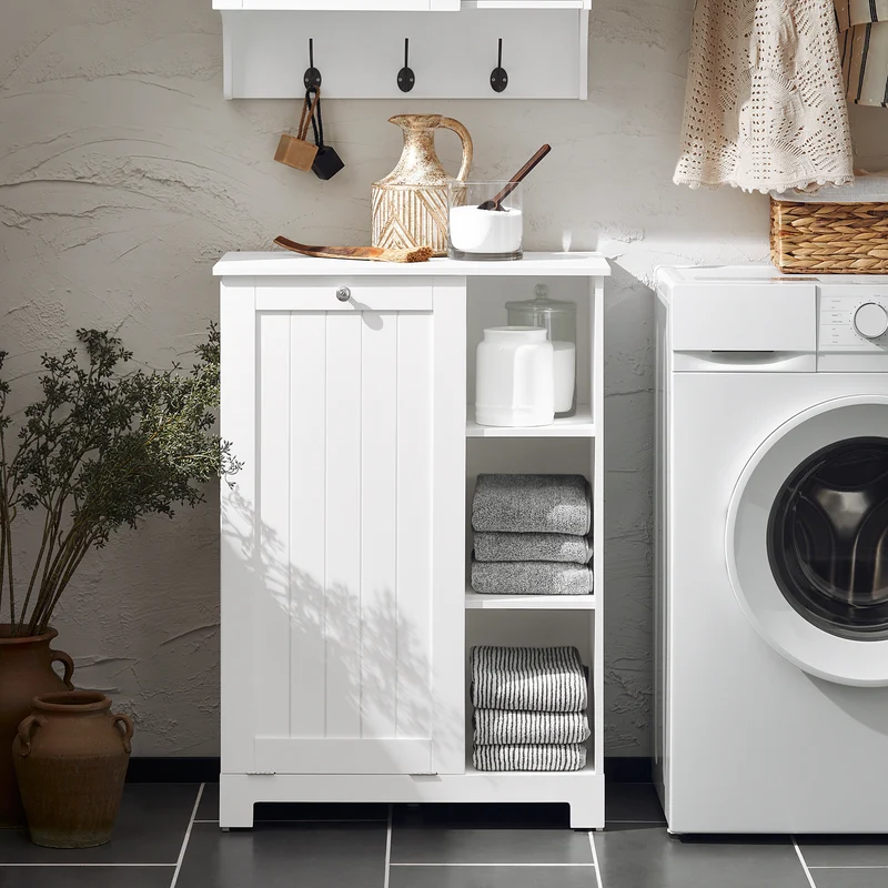 SoBuy BZR105-W Armario de Baño con 1 Cesto para Colada y 3 estantes
