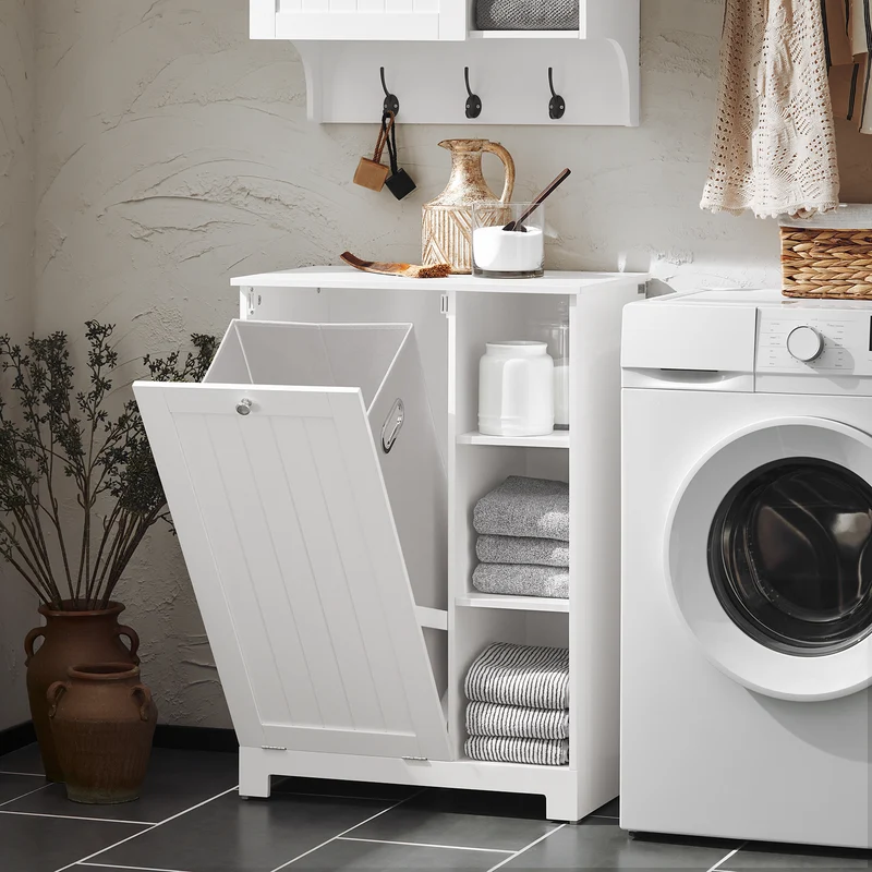 SoBuy BZR105-W Armario de Baño con 1 Cesto para Colada y 3 estantes