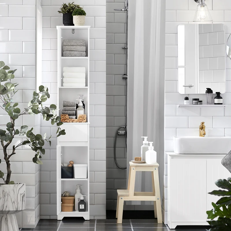SoBuy BZR109-W Armario Alto de Baño con 1 Cesto y 1 Cajón