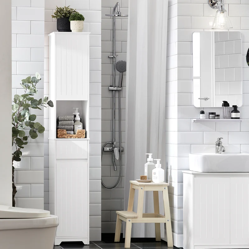 SoBuy BZR109-W Armario Alto de Baño con 1 Cesto y 1 Cajón