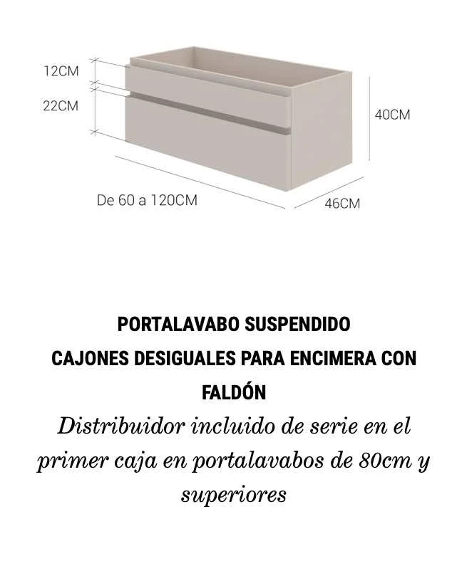 Mueble Portalavabo Suspendido Leo - 2 Cajones Desiguales H40cm para Encimera con Faldón - Fabricación Española | Maderó Atelier