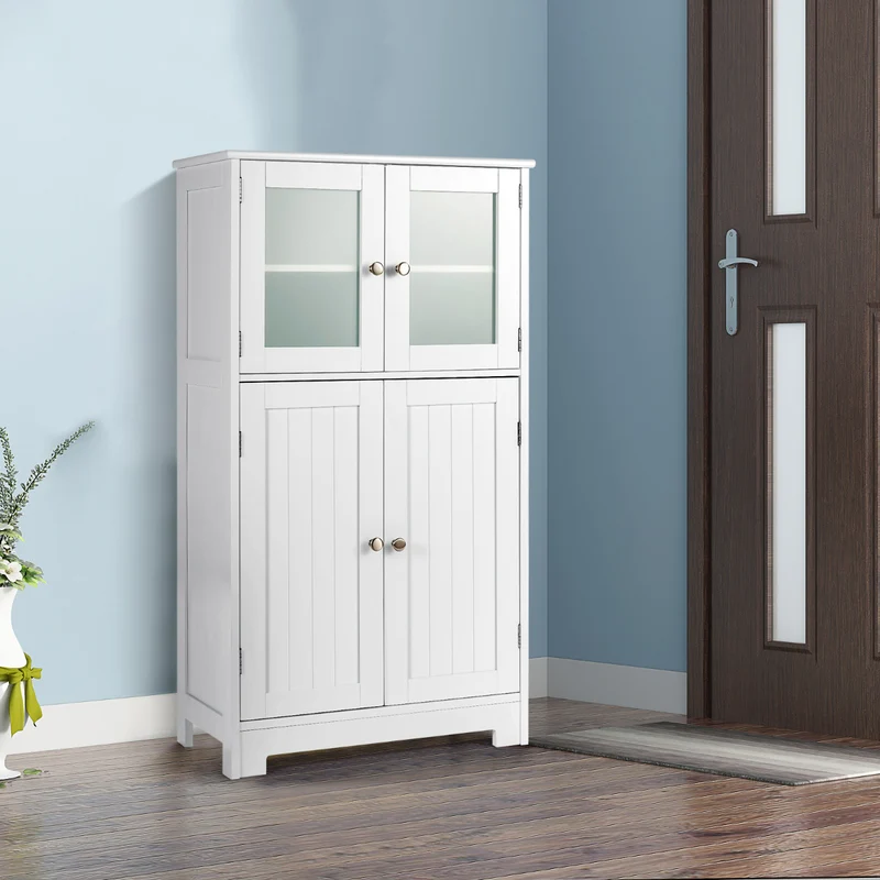 Costway - Armario baño, Mueble auxiliar baño, Antivuelco con 4 Puertas de Vidrio Repisas Regulables para Salón Cocina Pasillo, Blanco
