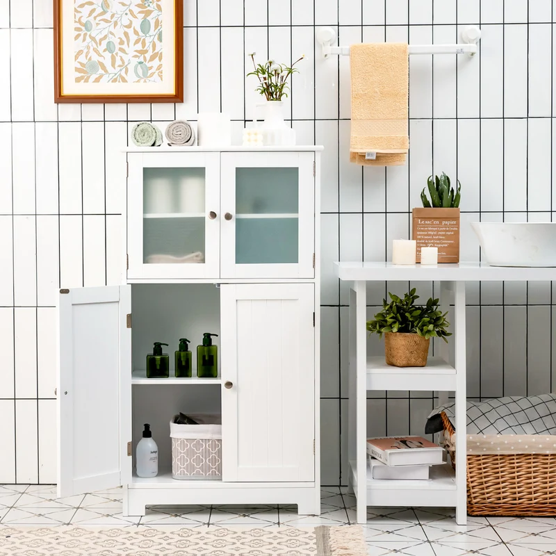Costway - Armario baño, Mueble auxiliar baño, Antivuelco con 4 Puertas de Vidrio Repisas Regulables para Salón Cocina Pasillo, Blanco