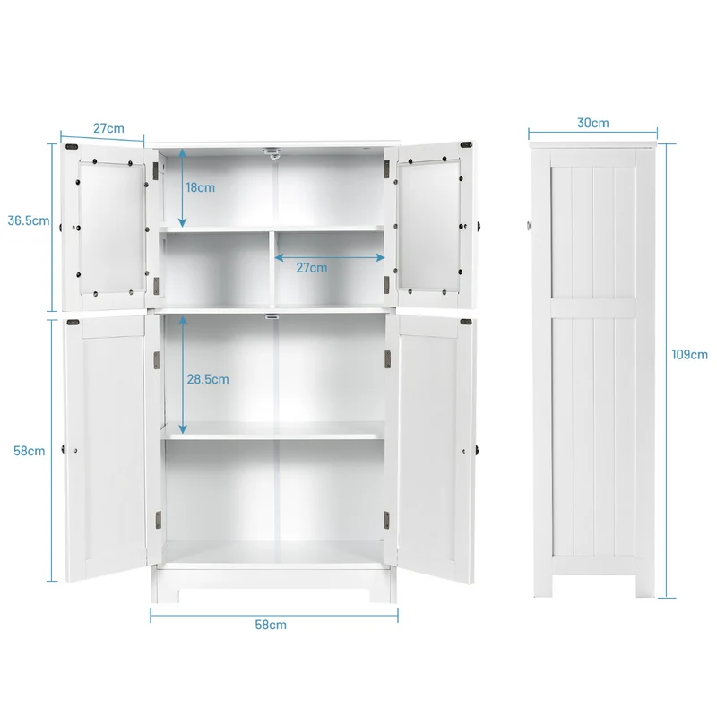 Costway - Armario baño, Mueble auxiliar baño, Antivuelco con 4 Puertas de Vidrio Repisas Regulables para Salón Cocina Pasillo, Blanco
