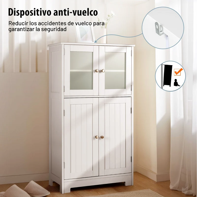Costway - Armario baño, Mueble auxiliar baño, Antivuelco con 4 Puertas de Vidrio Repisas Regulables para Salón Cocina Pasillo, Blanco