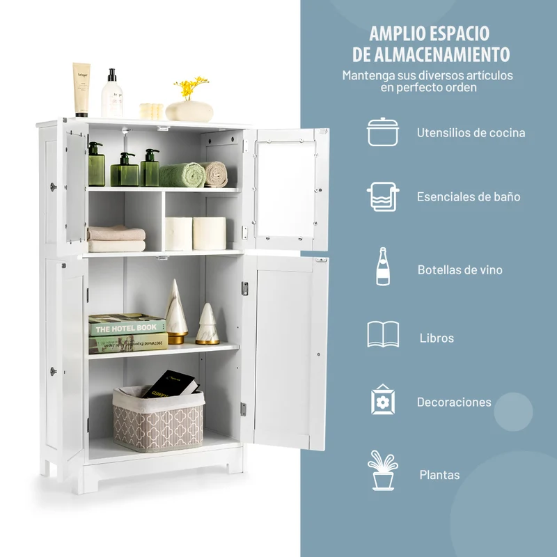 Costway - Armario baño, Mueble auxiliar baño, Antivuelco con 4 Puertas de Vidrio Repisas Regulables para Salón Cocina Pasillo, Blanco