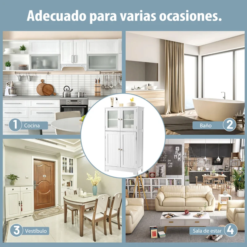Costway - Armario baño, Mueble auxiliar baño, Antivuelco con 4 Puertas de Vidrio Repisas Regulables para Salón Cocina Pasillo, Blanco