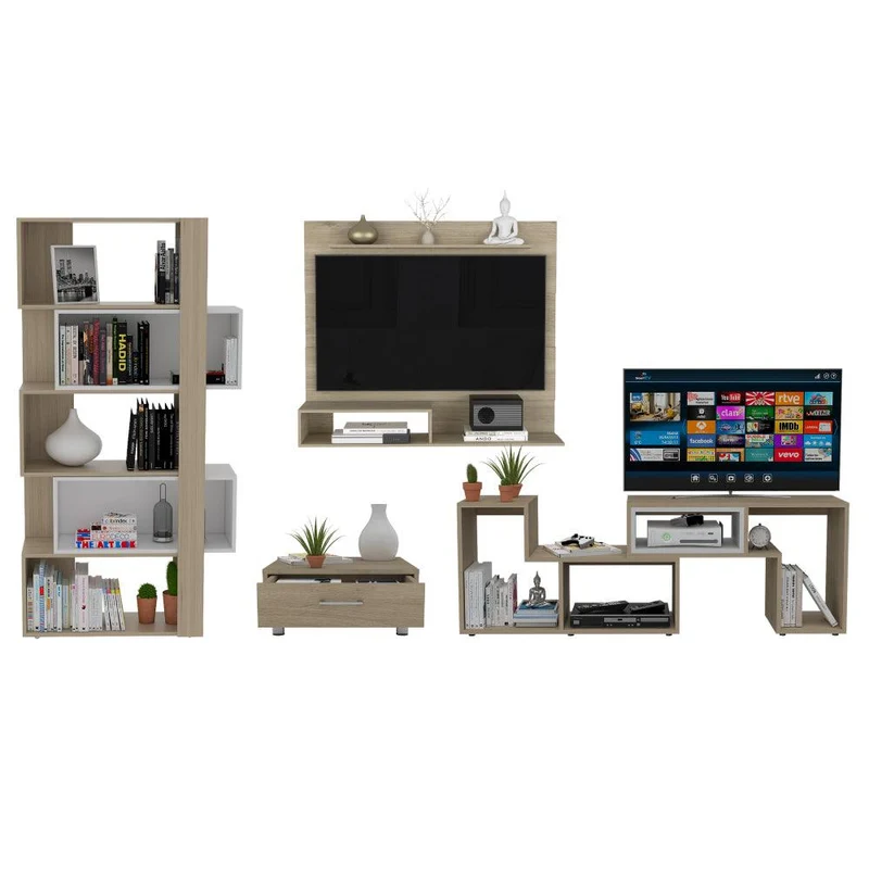Combo para Sala, Ascher, Incluye Biblioteca, Mesa de Centro, Panel y Mesa para TV, Beige y Blanco