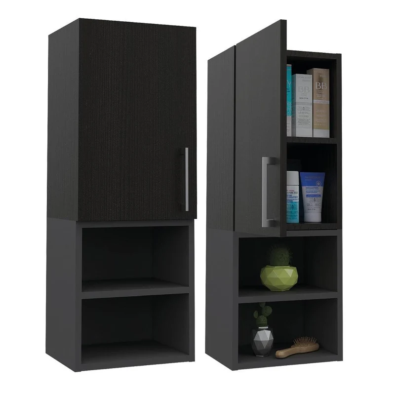 Set de 2 Gabinetes de Baño Oporto, Wengue y Plata Oscuro, con Espacio para Guardar Objetos de Aseo Personal