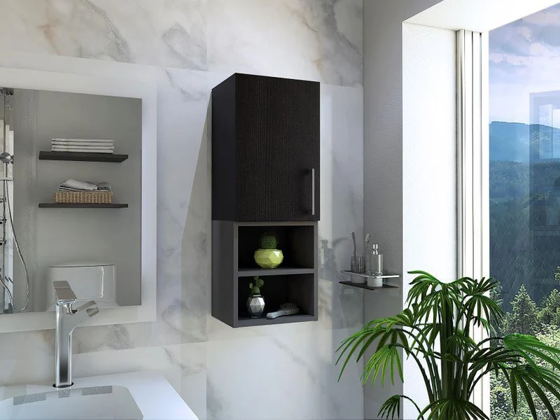 Set de 2 Gabinetes de Baño Oporto, Wengue y Plata Oscuro, con Espacio para Guardar Objetos de Aseo Personal
