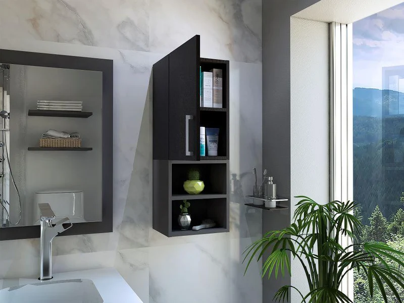 Set de 2 Gabinetes de Baño Oporto, Wengue y Plata Oscuro, con Espacio para Guardar Objetos de Aseo Personal