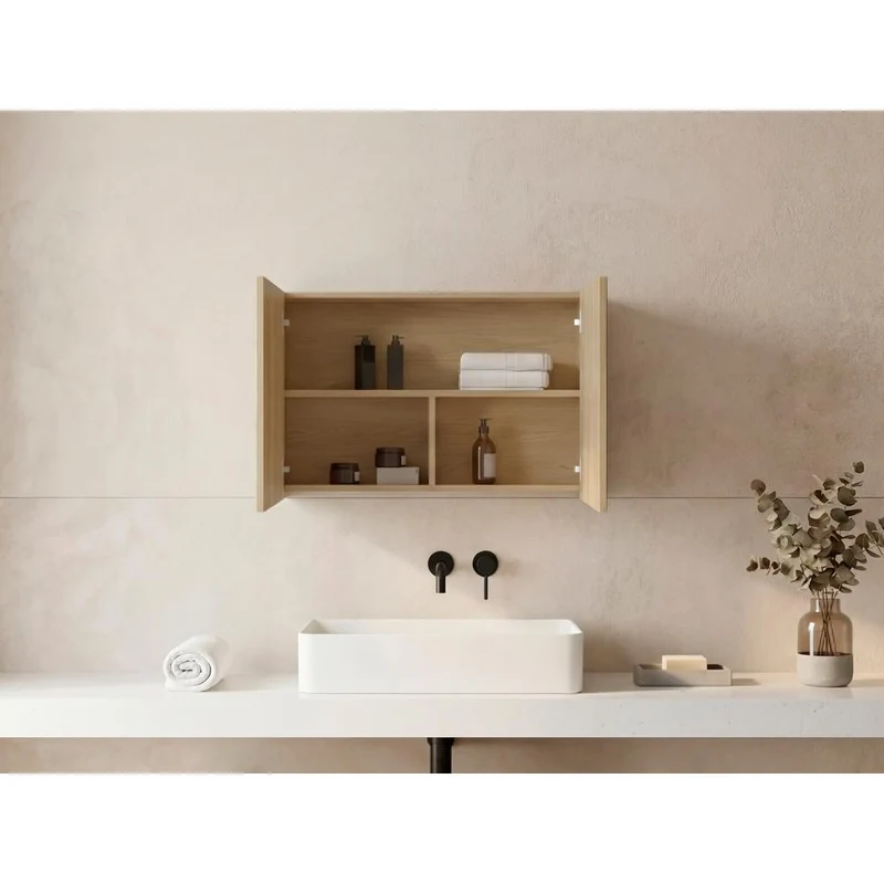 Set de 2 Gabinetes de Baño Agni, Fresno Europeo, con Dos Puestas y Espacio para Almacenar Objetos