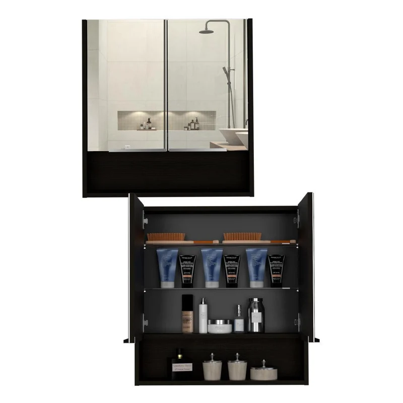 Set de 2 Gabinetes de Baño Rawana, Wengue, Incluye Espejo y Entrepaños para Guardar Objetos de Aseo