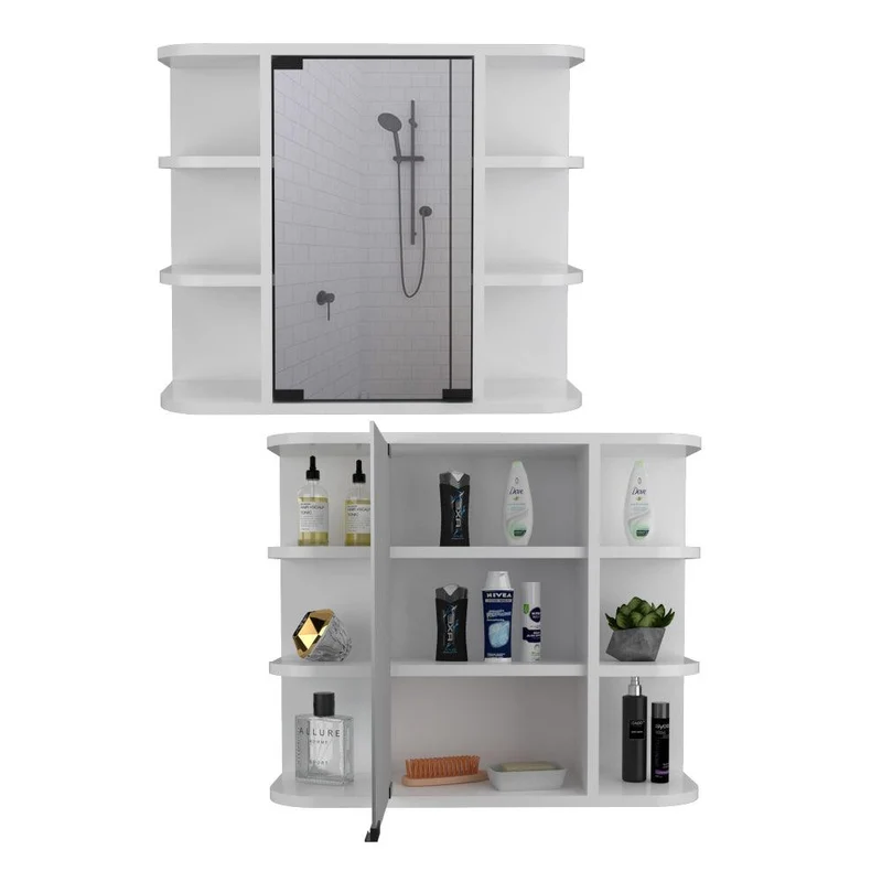 Set de 2 Gabinetes de Baño Delio, Blanco, con una Puerta de Espejo Abatibley Seis Entrepaños