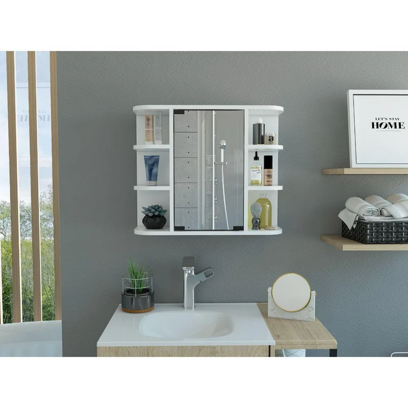 Set de 2 Gabinetes de Baño Delio, Blanco, con una Puerta de Espejo Abatibley Seis Entrepaños
