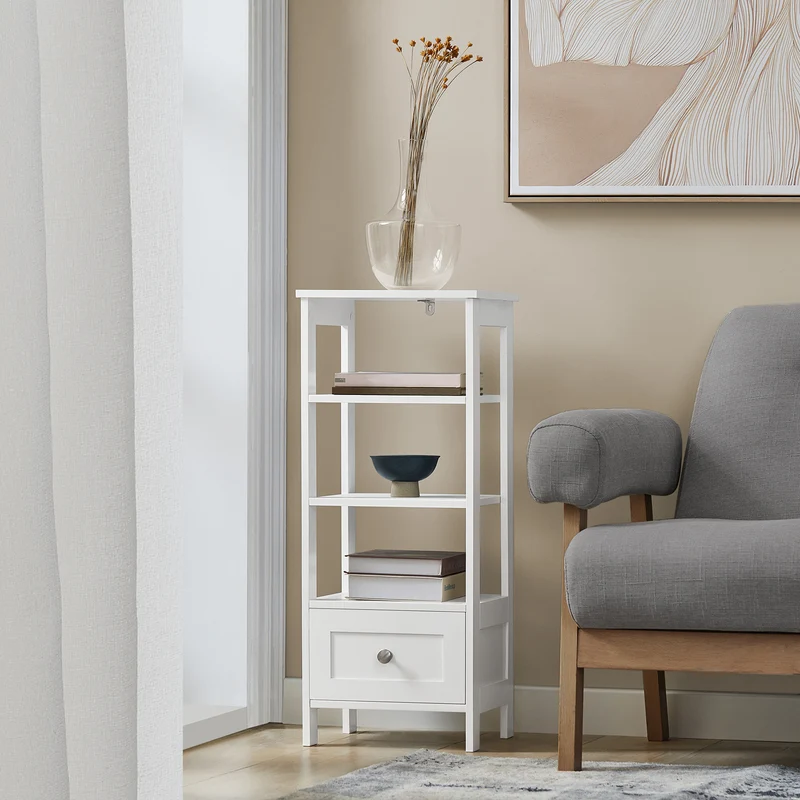 SoBuy FBT91-W Mesa Auxiliar Alta con 1 cajón y 3 Niveles Blanco