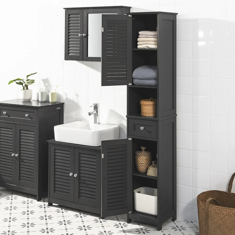 SoBuy FRG236-DG Armario alto de Baño 2 Puertas y 1 cajón Gris