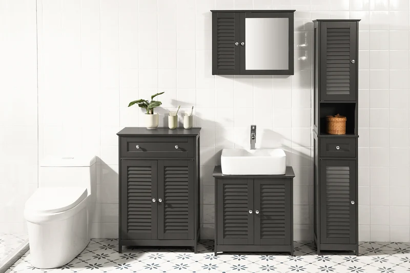 SoBuy FRG236-DG Armario alto de Baño 2 Puertas y 1 cajón Gris
