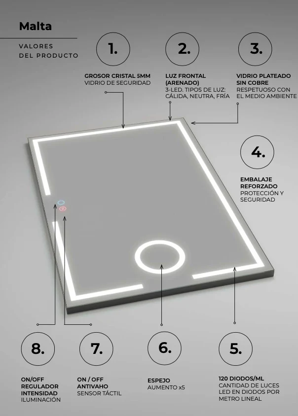 Espejo Baño Cuadrado LED Luz Frontal Malta - Ledimex | Espejo Aumento x5 3-LED