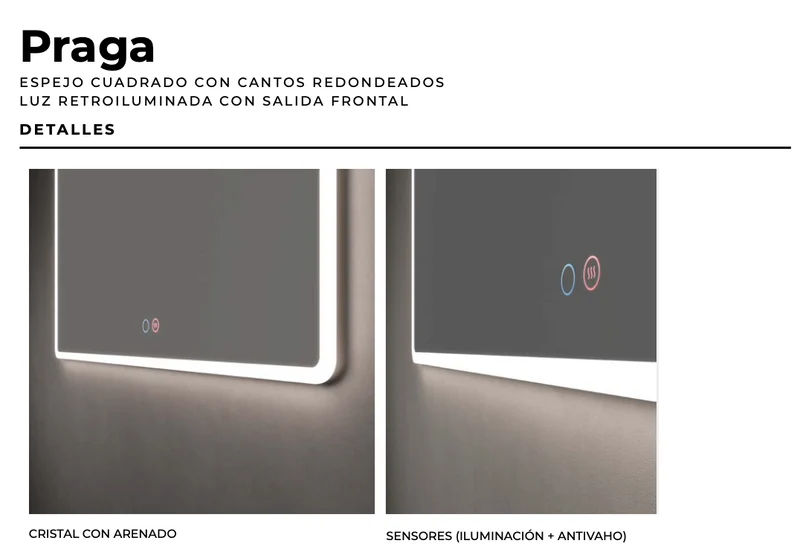 Espejo Baño Cuadrado Cantos Redondeados LED Praga - Ledimex | Luz Contorno 6.500K