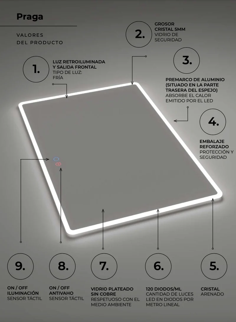 Espejo Baño Cuadrado Cantos Redondeados LED Praga - Ledimex | Luz Contorno 6.500K