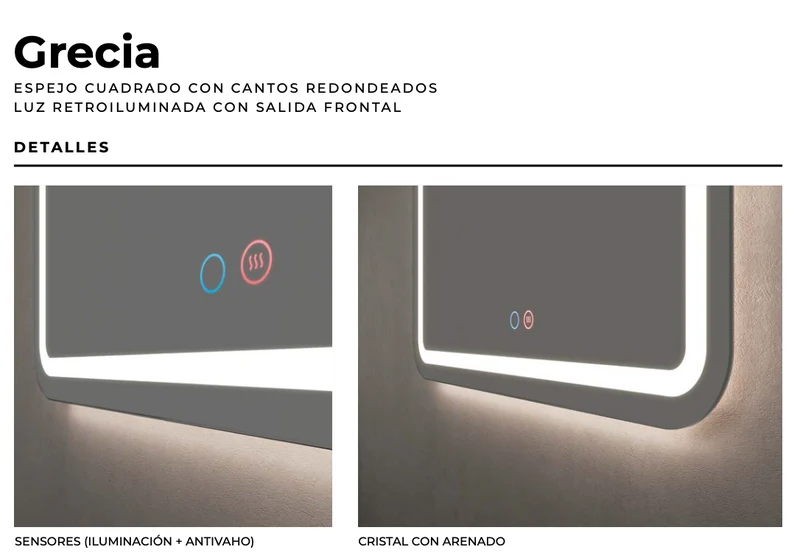 Espejo Baño Cuadrado Cantos Redondeados LED Grecia - Ledimex | Luz Frontal 6.500K