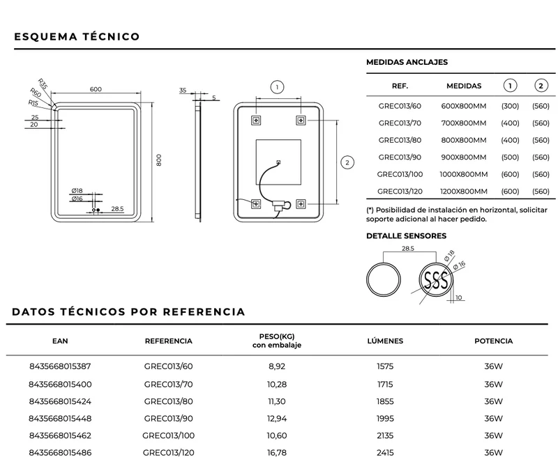 Espejo Baño Cuadrado Cantos Redondeados LED Grecia - Ledimex | Luz Frontal 6.500K