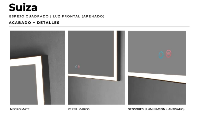 Espejo Baño Cuadrado LED Suiza Ledimex - Luz Frontal Arenada Marco Aluminio