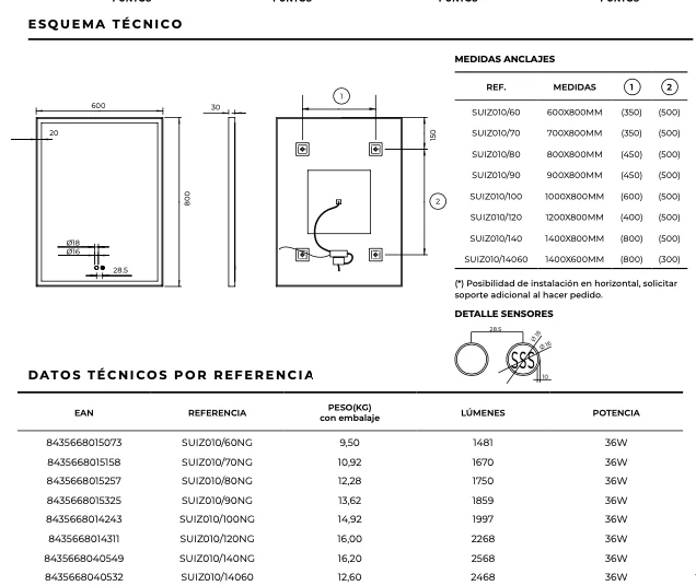 Espejo Baño Cuadrado LED Suiza Ledimex - Luz Frontal Arenada Marco Aluminio