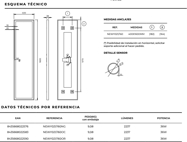 Espejo Baño Rectangular LED Luz Frontal New York - Ledimex | 3 Acabados Marco