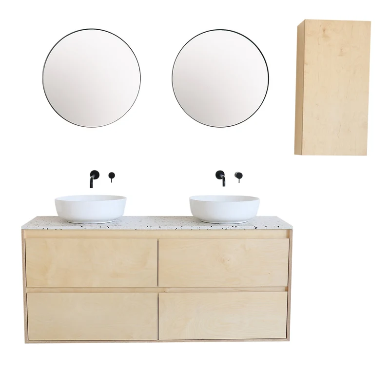 Mobiliario de baño Terrazo - ANN Gabinete Abedul - Lavabo de porcelana Alexis II - 150 cm