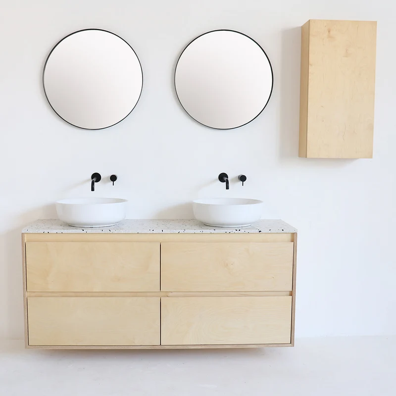 Mobiliario de baño Terrazo - ANN Gabinete Abedul - Lavabo de porcelana Alexis II - 150 cm
