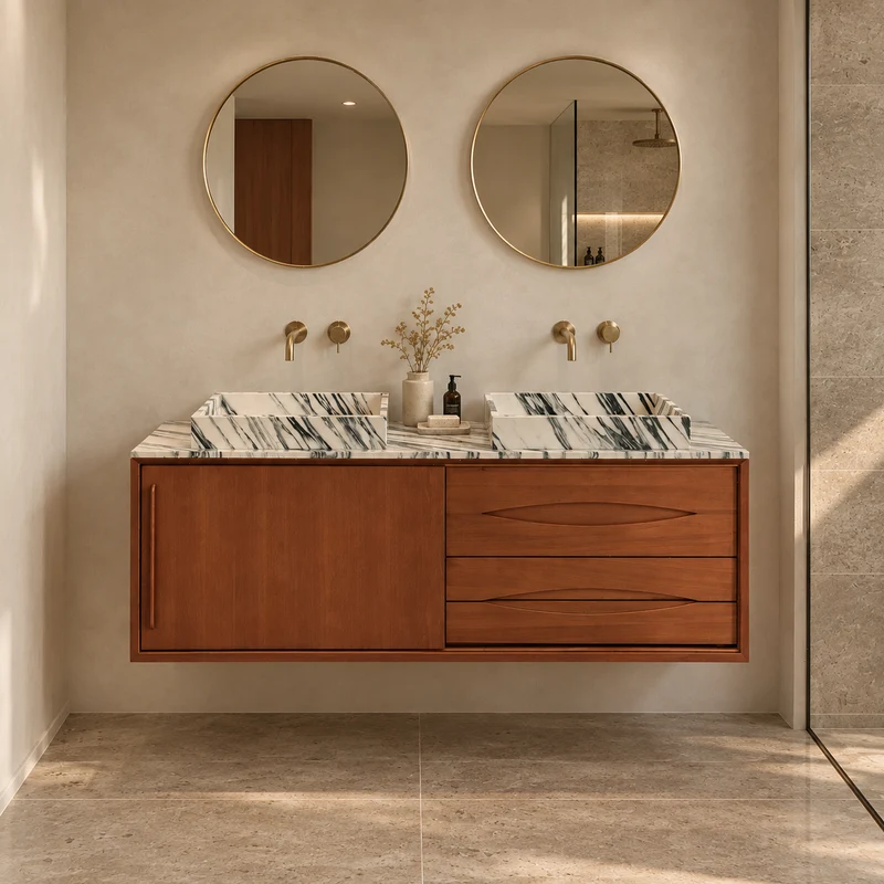 Mueble de baño Bill Teak - Lavabo/lavaplatos de mármol azul y blanco