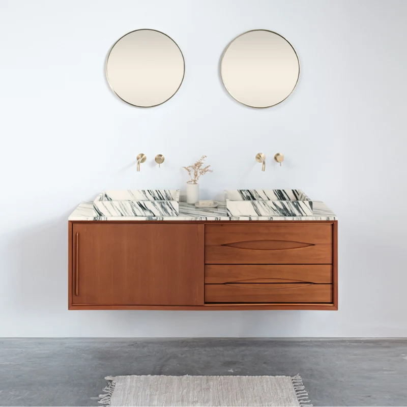 Mueble de baño Bill Teak - Lavabo/lavaplatos de mármol azul y blanco