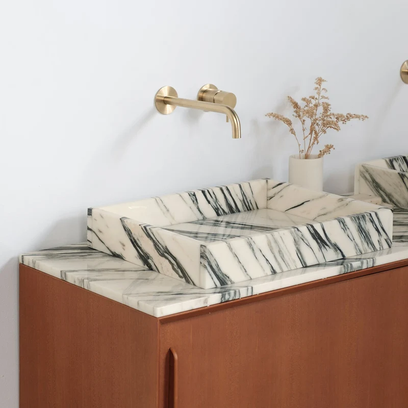 Mueble de baño Bill Teak - Lavabo/lavaplatos de mármol azul y blanco