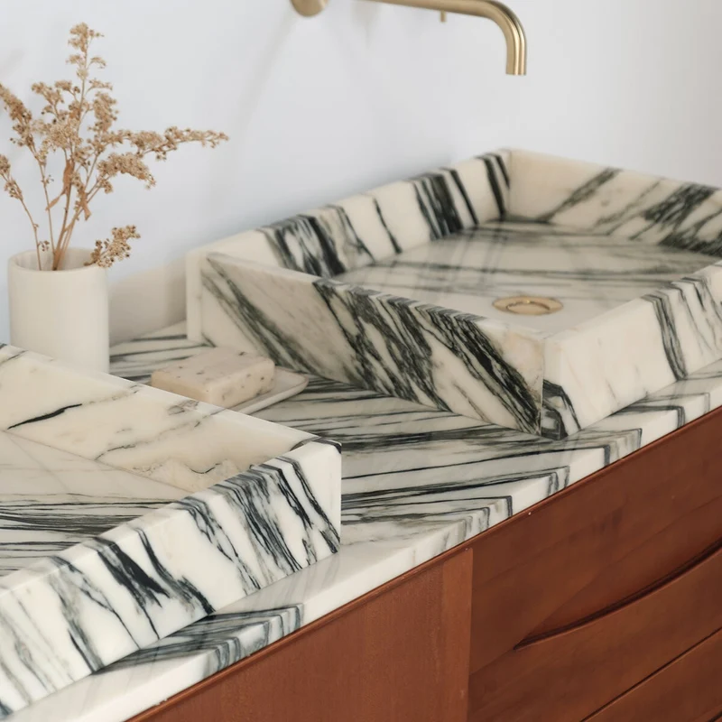 Mueble de baño Bill Teak - Lavabo/lavaplatos de mármol azul y blanco