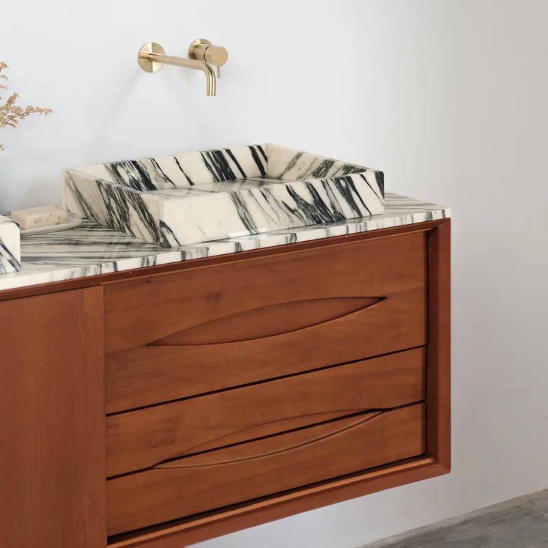 Mueble de baño Bill Teak - Lavabo/lavaplatos de mármol azul y blanco