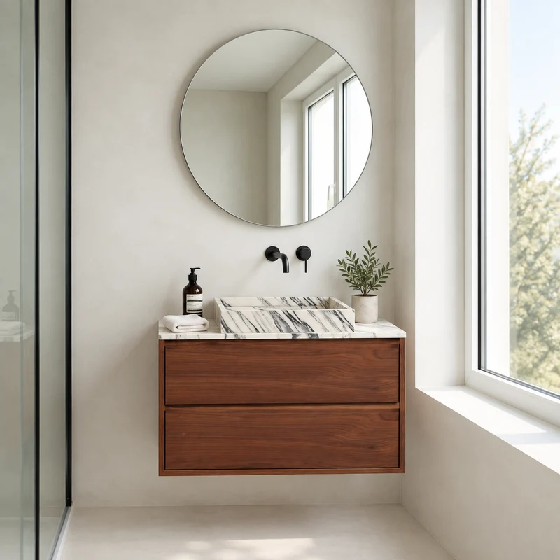 Conjunto de baño nogal Ann - Mármol azul/blanco - 80 cm