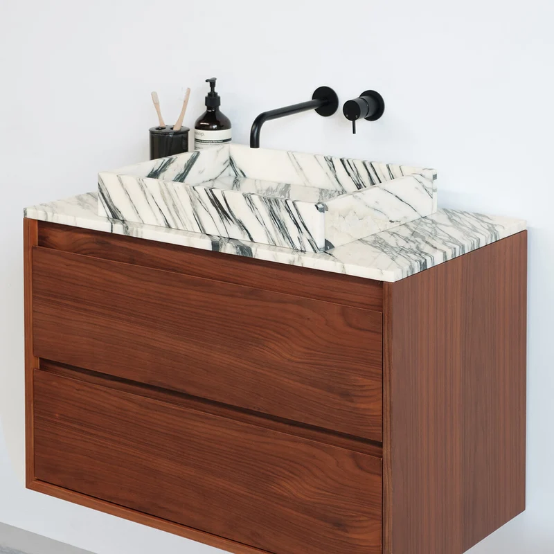 Conjunto de baño nogal Ann - Mármol azul/blanco - 80 cm