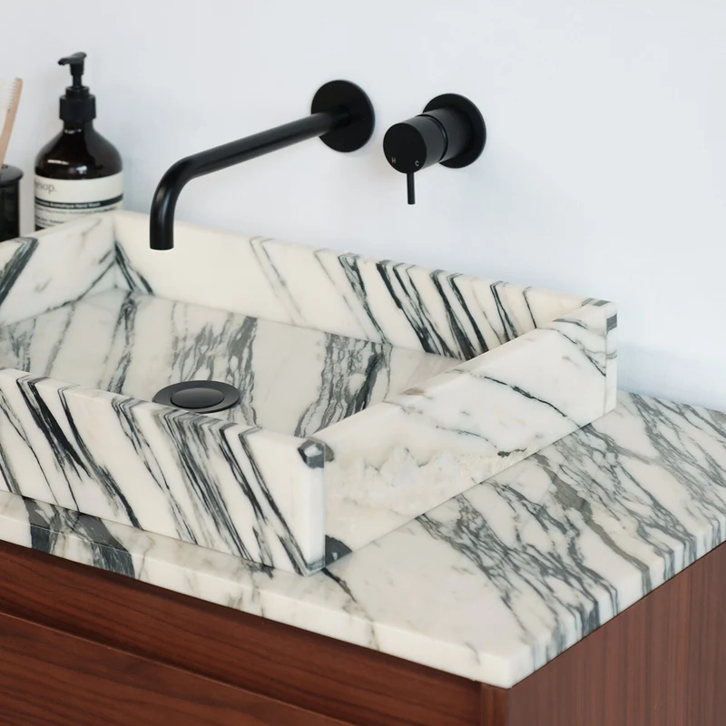 Conjunto de baño nogal Ann - Mármol azul/blanco - 80 cm