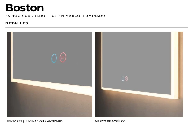Espejo Baño Cuadrado LED Marco Iluminado Boston - Ledimex | 3-LED y Antivaho