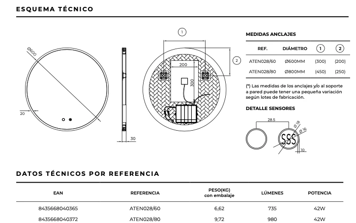 Espejo Baño Redondo LED Marco Iluminado Atenas 3-LED Antivaho - Ledimex