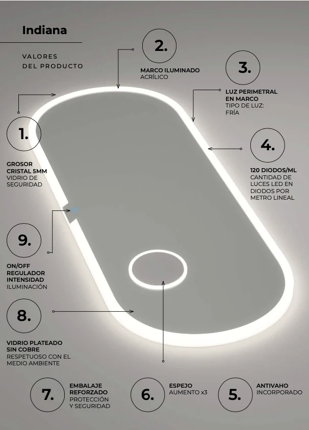 Espejo Baño Elíptico LED Marco Iluminado Indiana - Ledimex | Espejo Aumento x3